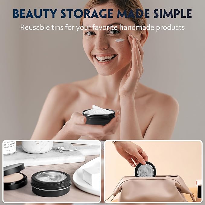 24 Pack 2 Ounce Screw Top Aluminum Tin Jar with Screw Clear Lid and Blank Labels, Refillable 60ml Metal Containers for Lip Balms, Candles, Salves, Spices, Crafts (Black)