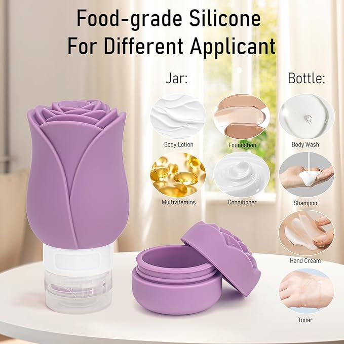 3 OZ Travel Bottles Leakproof for Travel TSA Approved & Refillable Mini Cream Containers Set 8 Pack – Silicone Squeeze Tube Rose Bottle for Shampoo Lotion Body Wash BPA Free with Bag, Purple