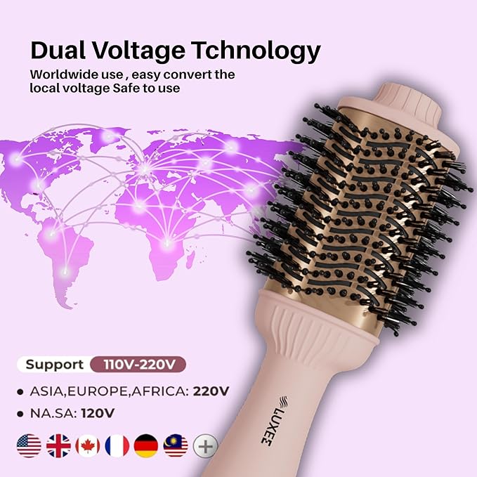 LUXEE Volumizing Blow Dryer Brush, 5 in 1 One Step Volumizer Hot Air Hair Dryer, Oval Barrel Hair Straightener and Curler for Women, Dual Voltage Tourmaline/Negative Ionic Blowout. US/UK/EU Plug.