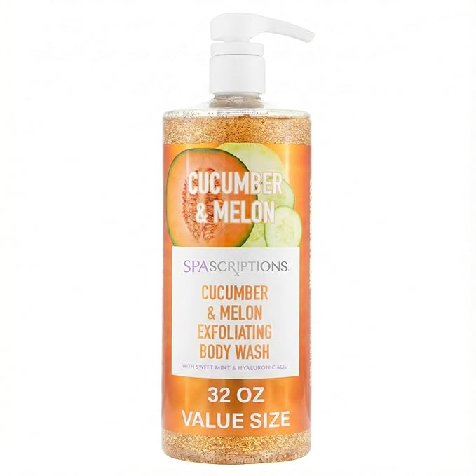 SpaScriptions Exfoliating Cucumber & Melon Body Wash - Scented Moisturizing Body Wash with Hyaluronic Acid for Soft Glowing Skin, Gentle Natural Daily Cleanser Body Scrub, 32 fl oz, Paraben Free