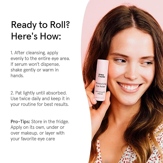 grace & stella Under Eye Brightener with Rose Quartz Rollerball - Hyaluronic Acid & Caffeine Eye Serum for Dark Circles & Puffiness - Travel Size Toiletries, Womens Christmas Gifts (15ml / 0.51floz)