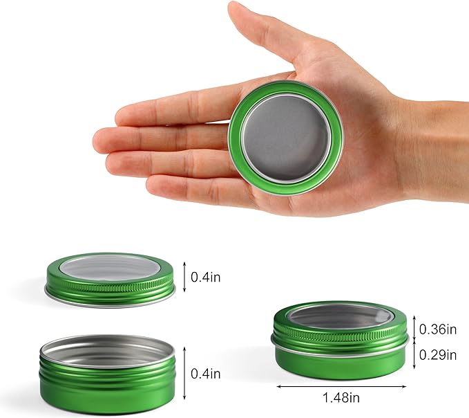 24 Pack 2 Ounce Screw Top Aluminum Tin Jar with Screw Clear Lid and Blank Labels, Refillable 60ml Metal Containers for Lip Balms, Candles, Salves, Spices, Crafts (Green)