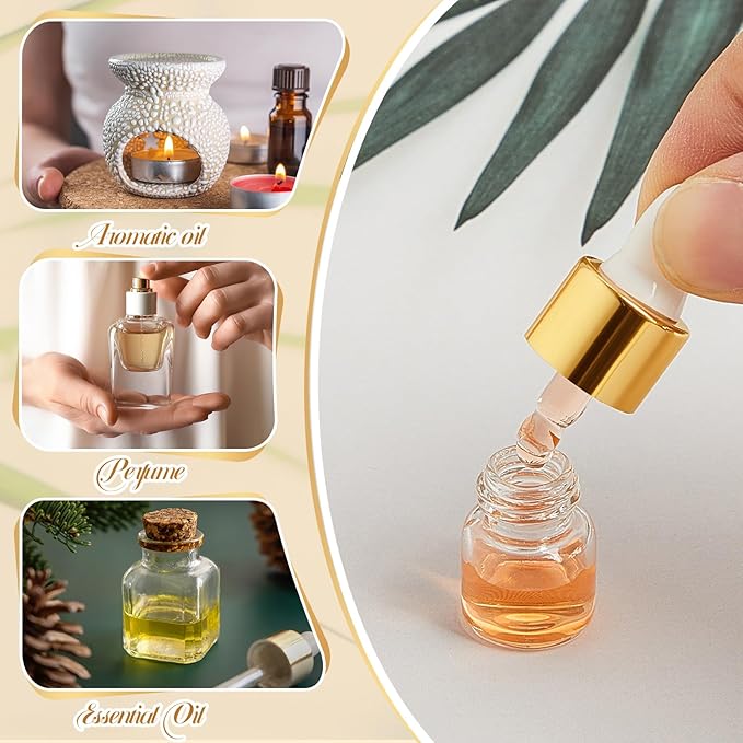 200 Pcs Mini Glass Oil Dropper Bottle Bulk, Clear Essential Small Empty Bottles Sample Containers Perfume Liquid Vials with Cap for Traveling (1 ml,Gold)