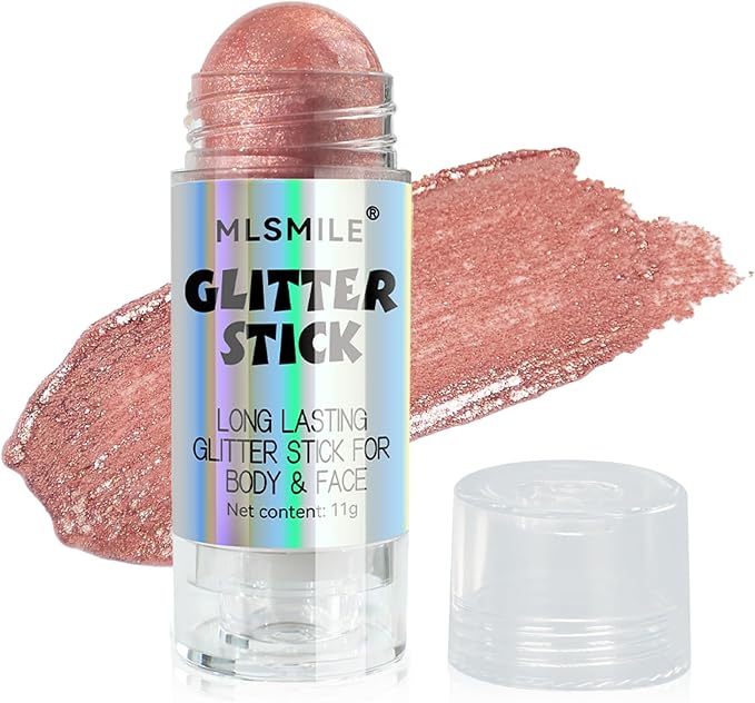 Rose Pink Body Glitter Stick, Long Lasting Moisturizing Body Glitter for Women, Multi-Use Highlighter Makeup, Sparkling Face Glitter Mermaid Makeup for Kids, Travel Size for Daily, Festival, Party