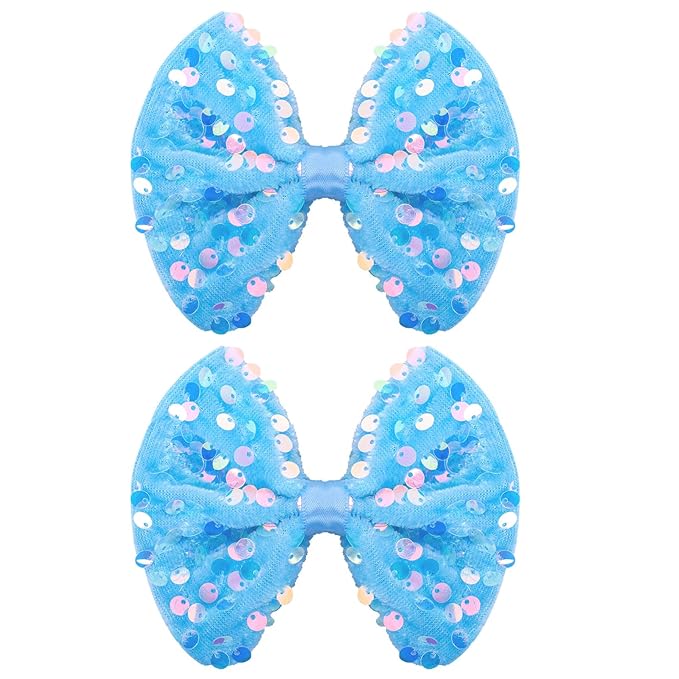 Velvet Sequin Hair Bows Elegant Blue Bow for Women Girls, 4in Glitter Handmade Hair Clips Alligator Clips Sparkly Ponytail Holder Hair Accessories for Christmas, Birthday Party, Wedding, Valentines