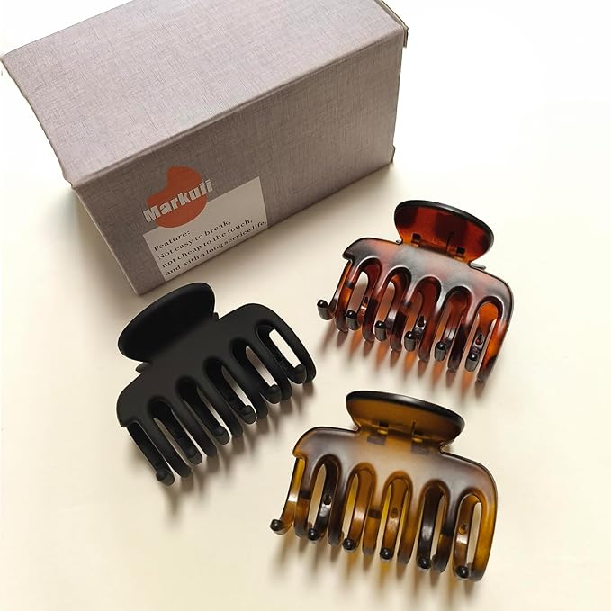 2.7 Inch Hair Claw Clips No Slip Matte Black & Leopard Unbreakable Claw Clips for Momen Thin and Medium Thick Hair, 3 Pack