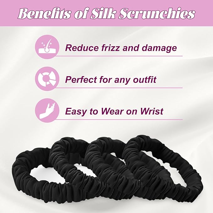 4Pcs Mulberry Silk Scrunchies & Hair Ties - No Crease Skinny Scrunchies Elastic Set for Women All Hair Types, Reduces Breakage (Black)