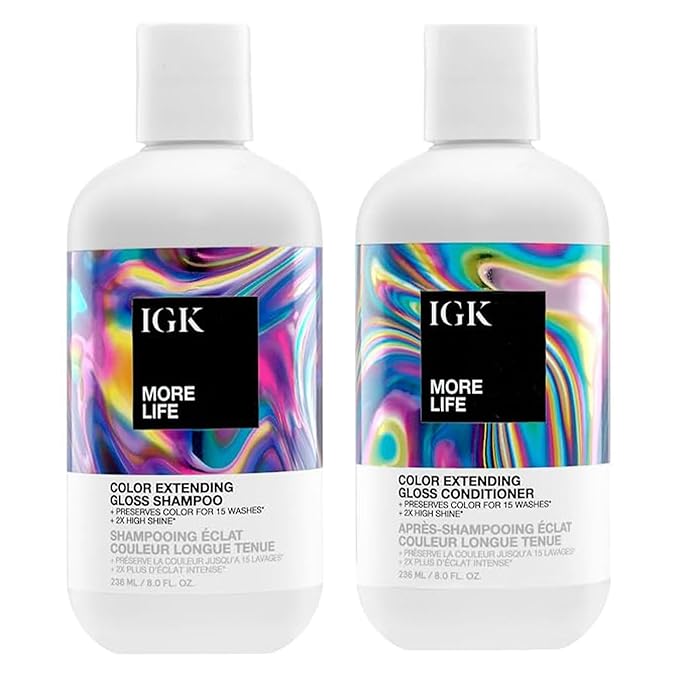 IGK MORE LIFE Color Extending Gloss Shampoo and Conditioner Set | Preserves Color Treated Hair | UV Protection | Vegan + Cruelty-Free | 8 oz