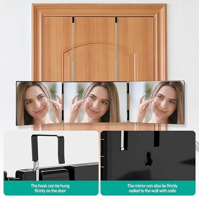 3 Way Mirror for Men & Women - Trifold Self Haircut Mirror, 360° View with Height Adjustable Hooks, Anti-Fog HD Glass for Shaving, Makeup, Braiding, Dye Hair, Travel Friendly Grooming Tool