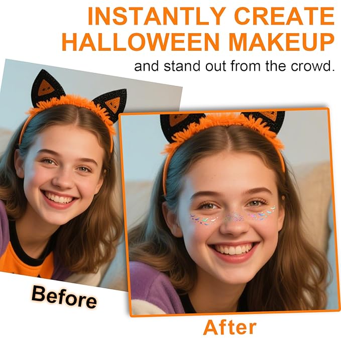 8Pcs Halloween Face Makeup Patches, Glitter Freckles Face Tattoo for Teenagers & Young Women, Sparkle Freckles Makeup Patches, Waterproof Face Glitter Freckles (8PcsC Holographic Multicolor)