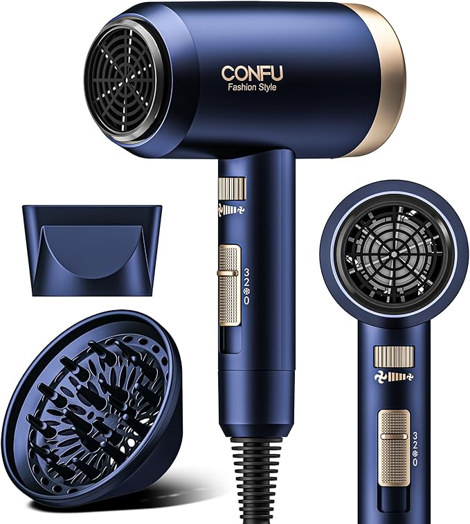 Hair Dryers for Women, CONFU Hair Dryer with Diffuser, Blow Dryers for Men, Hairdryer with Diffuser Attachment, Portable Lightweight Fast Drying Negative Ion Hairdryer for Home