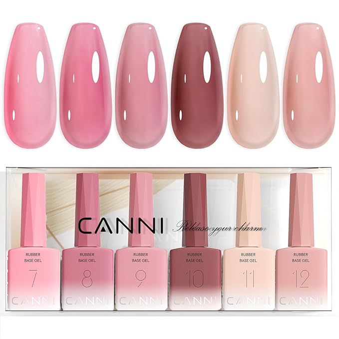 CANNI Rubber Base Gel Nail Polish Set- 6 Pcs 9 Ml Transparent Pink Rubber Base for Nails, Soak Off LED Nail Gel Manicure Kit DIY at Home Salon Gifts