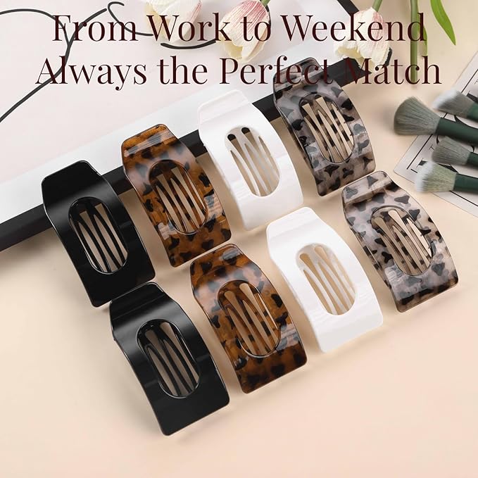 8 Pack Tortoiseshell Flat Hair Clips for Women – Large Neutral Matte No-Slip Rectangle Claw Clips for Thick & Thin Hair, Strong Hold Square Hair Accessories, Chic Neutral Leopard Pattern