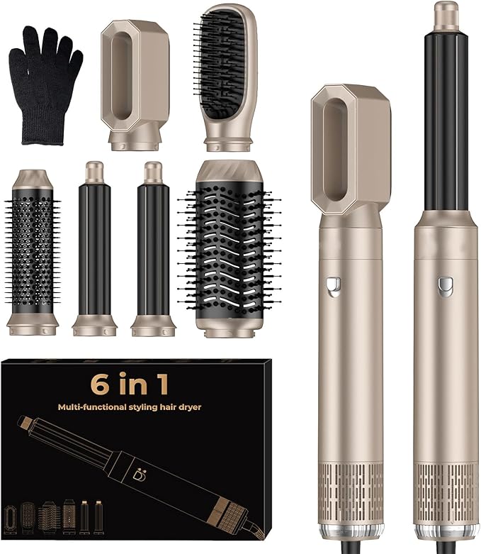 6 in 1 Blow Dryer Brush, Upgrade Hair Dryer Brush Set Negative Ion Air Styler Curling Wrap Air Curler, Hot Air Brush Curling Iron Hair Styling Tools As A Gift for Straight/Curl/Dry/Smooth