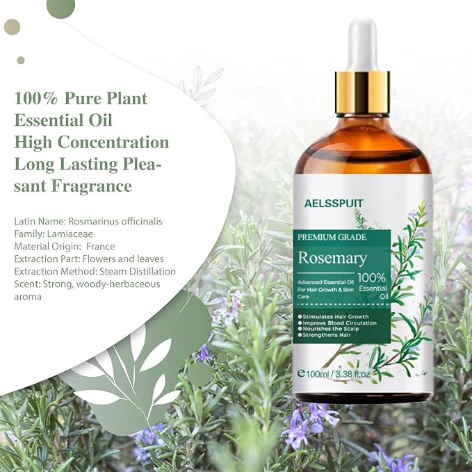 Rosemary Essential Oil for Hair Growth & Scalp Care - 3.38 Fl Oz (100ml) 100% Pure Organic Cold Pressed Oil in Glass Bottle - Aromatherapy Diffuser, Skin & Nail Treatment(Large, Rosemary)