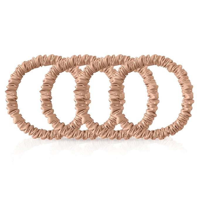 4Pcs 100% Silk Scrunchies Hair Care, Mulberry Silk Skinny Hair Ties Elastic, 22 Momme Mulberry Hair Ties Scrunchies Set Women Curly Thin Hair Champagne