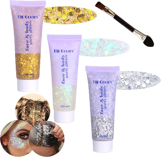 Body Glitter Face Glitter Gel: Singer Concerts Disco Festival Rave Accessories Face Glitter Makeup Chunky Sequins Mermaid Face Body Hair Glitter Gel (White&Silver&Gold)