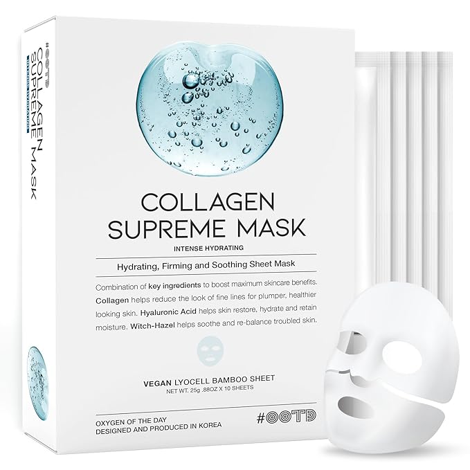 #OOTD Collagen Hydrating Sheet Masks for Face Korean Anti Aging Mask Sheet for Dry Skin & Sensitive Skin, EVE Vegan, Not Tested on Animals, No Parabens, No Sulfates, Hyaluronic Acid, Witch Hazel 10EA