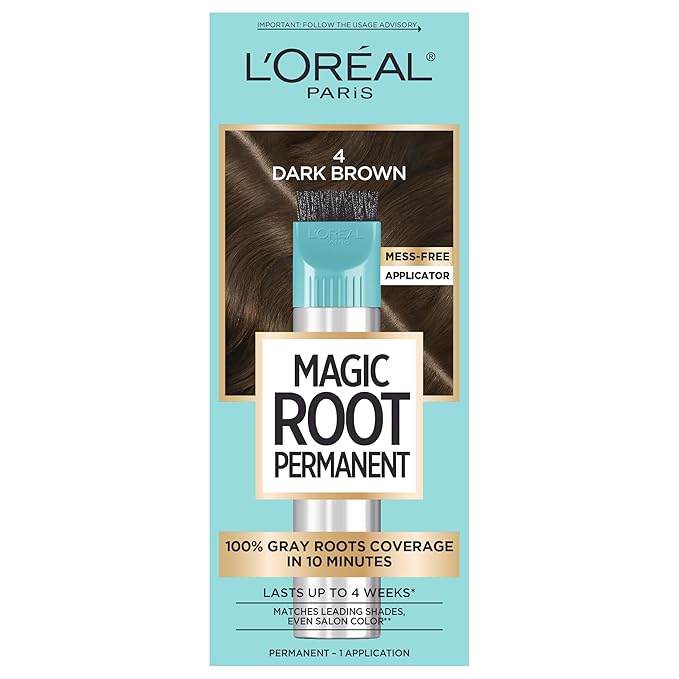 L'Oreal Paris Magic Root Rescue 10 Minute Root Hair Coloring Kit, Permanent Color with Quick Precision Applicator, 100 percent Gray Coverage, 4 Dark Brown, 1 kit (Packaging May Vary)