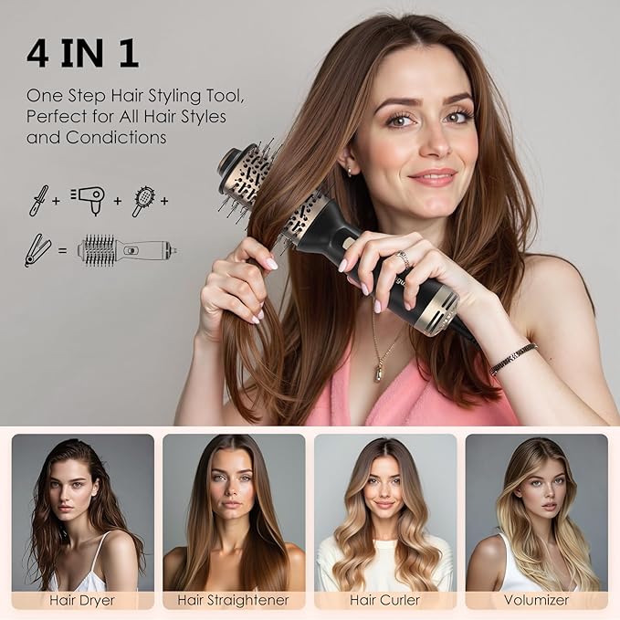 4 in 1 Travel Dual Voltage Hair Dryer Brush, Mini Auto Blow Dryer Brush in one, 2 Inch Hot Air Brush and Styler for Home & Salon, 3 Heat Settings with EU&UK Plug (Gold)