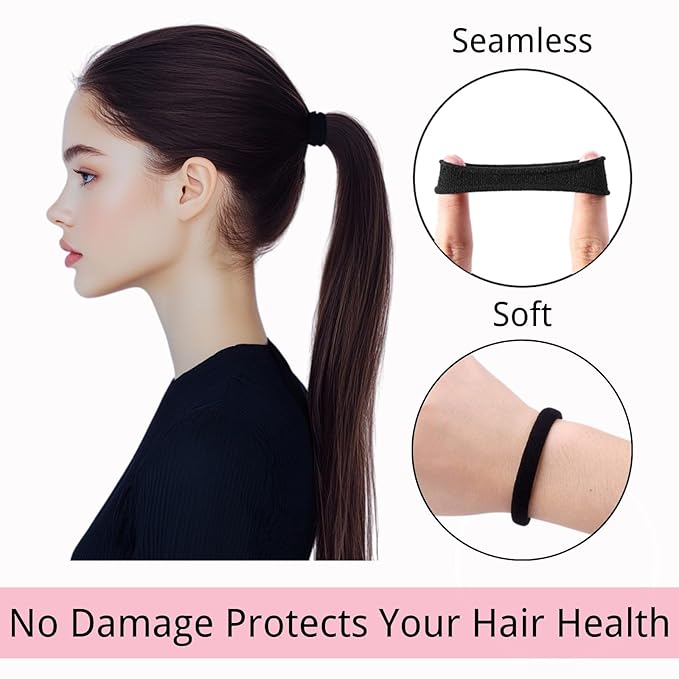 LuSeren 120PCS Black Hair Ties for Thick Hair – Seamless No Damage Elastic Ponytail Holders, Black Hair Band,Bulk Nylon Hair Elastics for Women