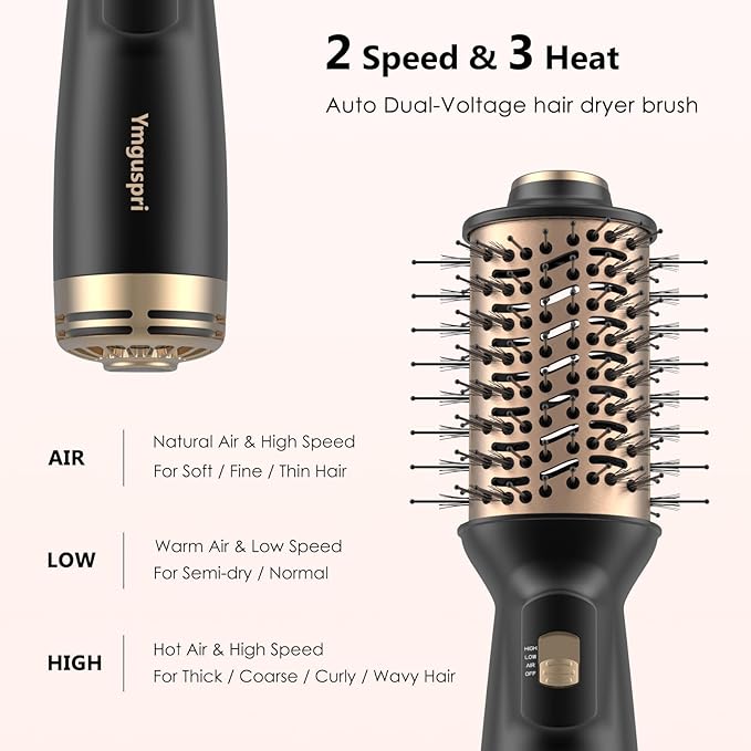 4 in 1 Travel Dual Voltage Hair Dryer Brush, Mini Auto Blow Dryer Brush in one, 2 Inch Hot Air Brush and Styler for Home & Salon, 3 Heat Settings with EU&UK Plug (Gold)