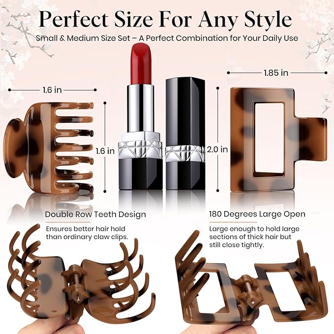 8 PCS Medium Hair Clips for Women Girls - 2 Styles Rectangle and Double Row Teeth Small Claw Clips for Thin Thick Hair, Strong Hold Jaw Clips Stylish Leopard Print Hair Accessories, Tortoise
