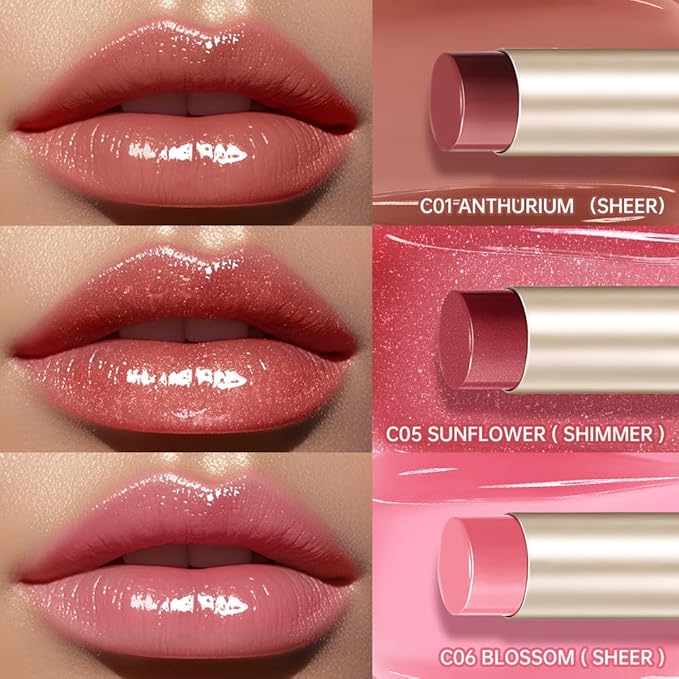 CATKIN Glossy Lip Balm 3pcs Gift Set, Ultra Hydating Glow Lip Tinted Jelly Plump Melting Balm Shea Butter Repair Soothing For Dry Lips Dewy Finished 0.12 oz 01