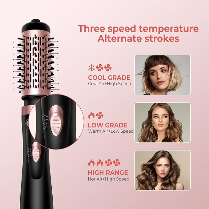 Hair Dryer Brush, 3-in-1 Rotating Round Hot Air Spin Brush Set with 2 Brushes (2" & 1.5"), Negative Ionic Blow Volumizer, 2 Detachable Auto-Rotating Curling Brush, Blow Dryer Brush,Dry as You Style