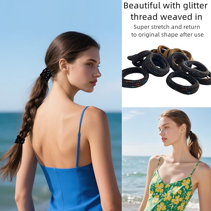 Large Stretch Thick Hair Ties for All Hair Types Seamless Glitter Hair Ponies Elastics Ponytail Holders Hair Scrunchies for Thick Hair Hair Accessories Women Girls 20-Pack
