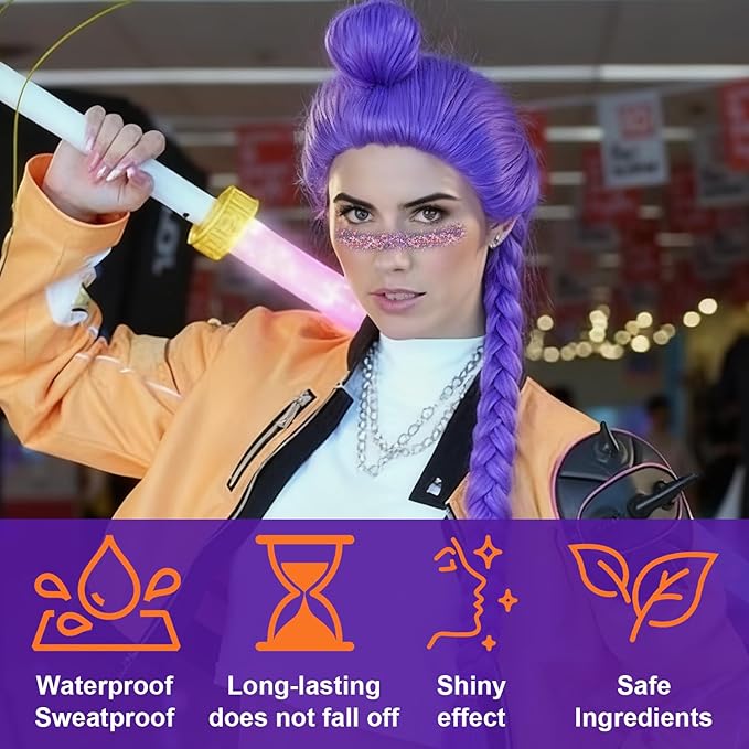 Halloween Body Glitter Stick, Black Orange Purple Sequin Hair Glitter for Rumi Costume Cosplay and Tattoos Makeup, Chunky Glitter Face Paint, Waterproof Face Glitter Gel for Glirs and Women