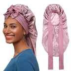 AWAYTR Long Satin Bonnet for Braids - Elastic Silk Hair Bonnets for Sleeping Night Cap Stretchy Tie Band for Women（Rose Gold）