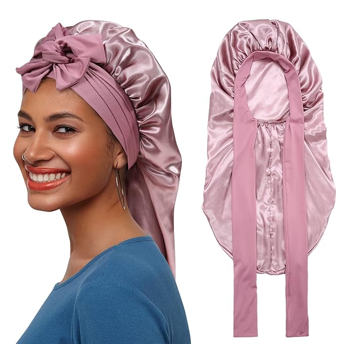AWAYTR Long Satin Bonnet for Braids - Elastic Silk Hair Bonnets for Sleeping Night Cap Stretchy Tie Band for Women（Rose Gold）