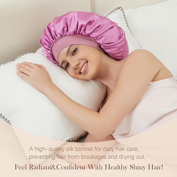 Silk Bonnet for Sleeping Women, Satin Hair Sleep Bonnets for Curly Hair Braids, Double Layer Large Wide Band Sleep Cap