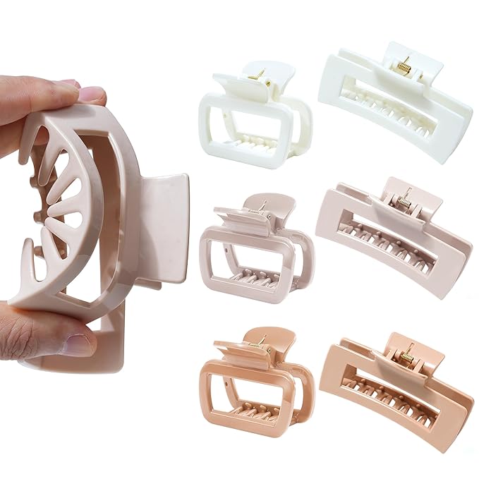 Mesovor 2 Styles Silicone Flexible Hair Claw Clips, 6 Pack Soft Bendable Hair Clips for Women | Rectangle Small Large Cozy Hairclips (White, Light Khaki, Dark Khaki)