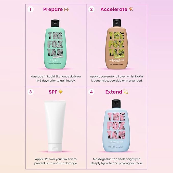 The Fox Tan Rapid Caramel Kiss, Natural Tanning Accelerator For Deeper & Darker Tans, Delivers an Instant Tint & Glow, Vegan & Cruelty Free, 120 mL