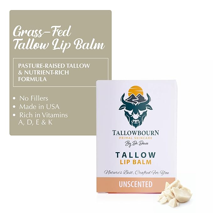 Moisturizing Tallow Lip Balm – Grass-Fed Beef Tallow with Organic Coconut Oil, Beeswax, and Vitamin E – Unscented Lip Balm Set – Travel Essential - 3-Pack