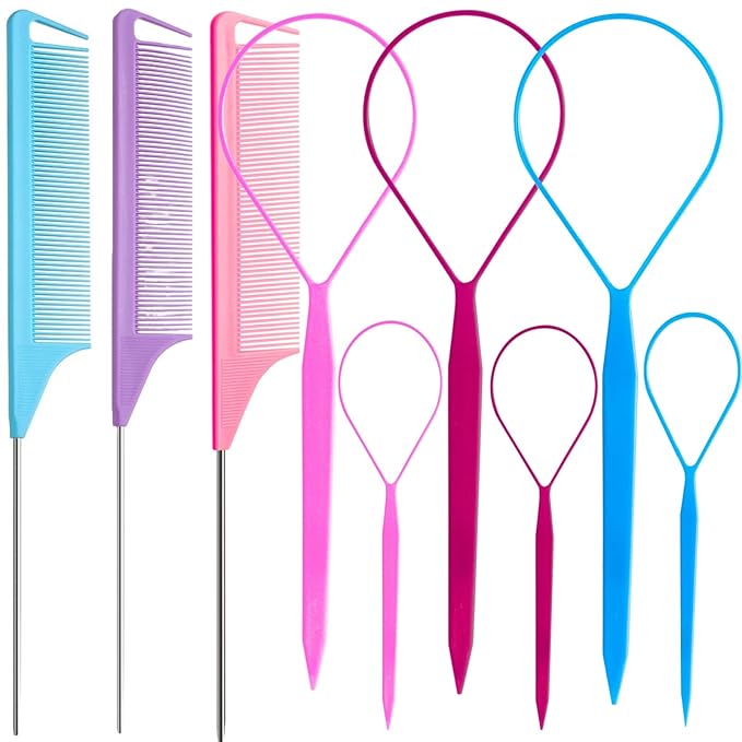 9pcs Topsy Hair Tail Tools & rat tail combs set, 6pcs Ponytail Pull Through Tool 3pcs Long Steel Pin Combs, Turvy Loop Styling Tool for Woman & Girl Hair Styling (Pink,Purple, Blue) Linmxiy