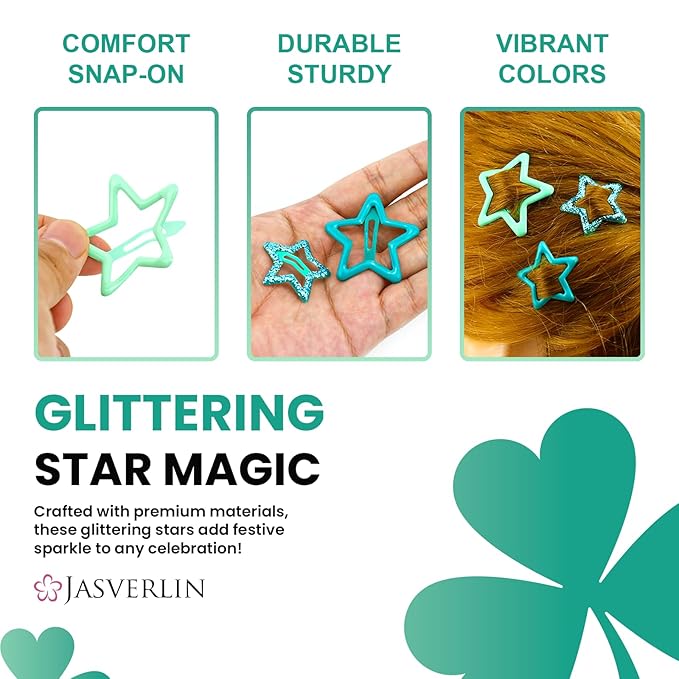 Green Star Hair Clips Accessories 36pcs, Y2K Cute Barrettes for Women Girls, Non-Slip Glitter Snap Hairclips Kawaii Assorted Styling