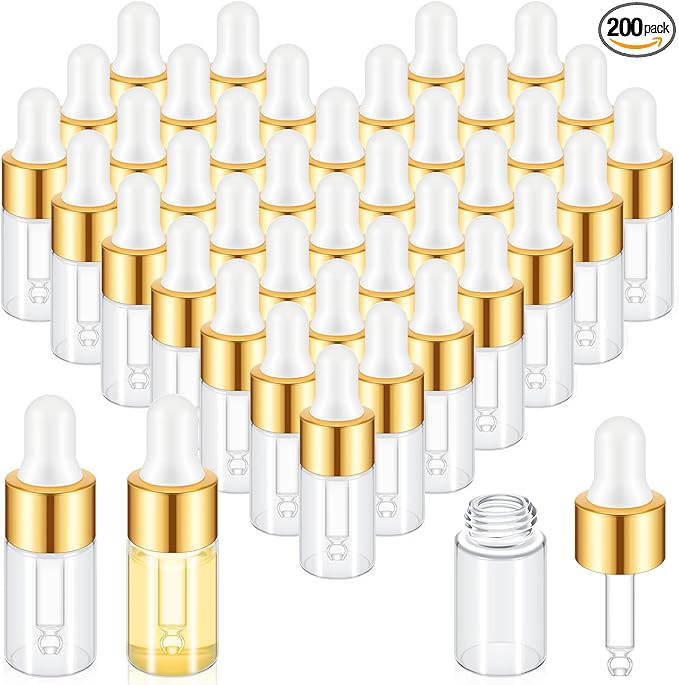 200 Pcs Mini Glass Oil Dropper Bottle Bulk, Clear Essential Small Empty Bottles Sample Containers Perfume Liquid Vials with Cap for Traveling (3 ml,Gold)