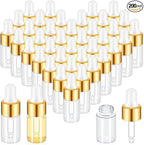 200 Pcs Mini Glass Oil Dropper Bottle Bulk, Clear Essential Small Empty Bottles Sample Containers Perfume Liquid Vials with Cap for Traveling (3 ml,Gold)