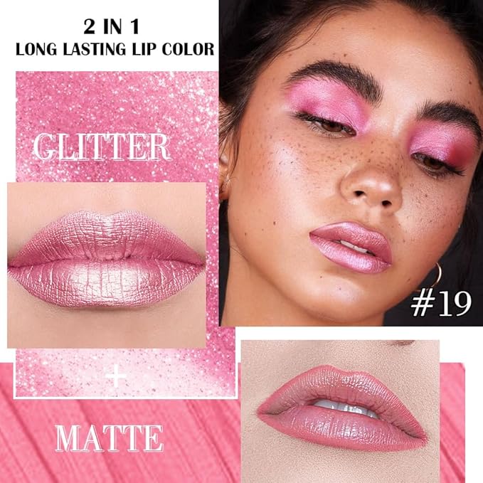 evpct Warm Pink Metallic Glitter Lip Liner and Lipstick Combo Set Long Lasting Waterproof, Metallic Shimmer Lip Gloss Stain Makeup for Women, Warm Pink Frosted Iridescent Glossy Liquid Lipstick 19