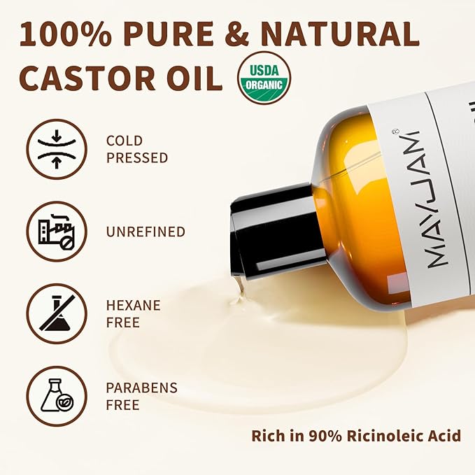 MAYJAM Organic Castor Oil 16 oz, 100% Pure Cold Pressed Castor Oils for Hair Growth, Eyebrows, Eyelash, USDA Certified Caster Carrier Oil for Body, Skin & Face Moisturizer