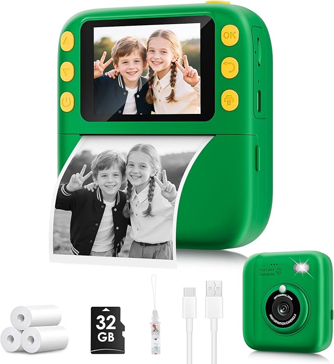 Instant Print Camera for Kids, Christmas Birthday Gifts for Girls Boys, 1080P Instant Digital Print Cameras for Toddler,Portable Toy for 4 5 6 7 8 9 10 Year Old Girl with 32GB SD Card，Green