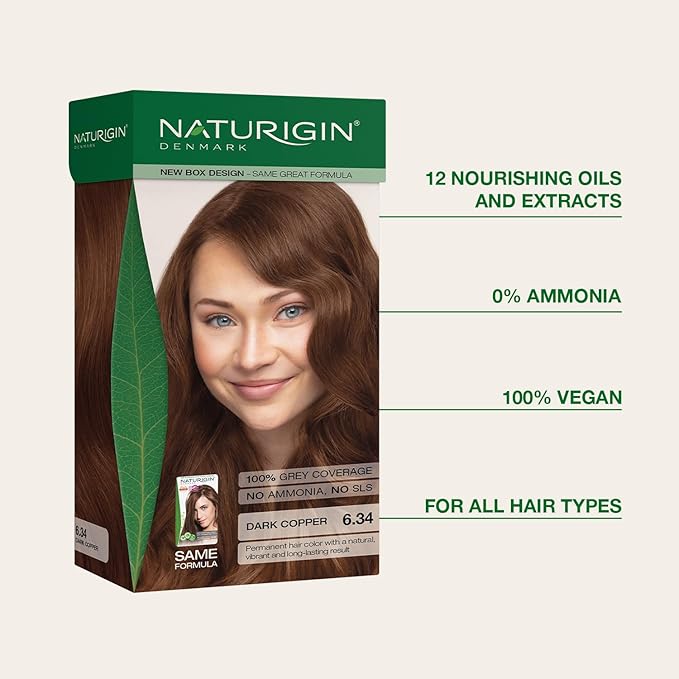 Naturigin Permanent Hair Color, 6.34 Dark Copper, Ammonia Free, 100% Gray Coverage, Nourishing Natural Formula, For All Hair Types, Long-Lasting, Vegan & Cruelty-Free, 1 Pack