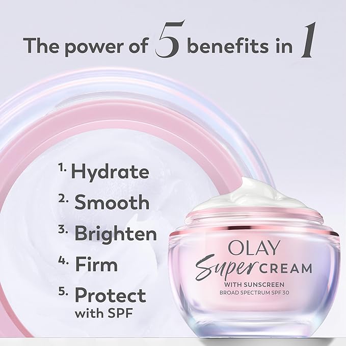 Olay Super Cream with Sunscreen SPF 30, Trial Size, Lightweight Face Moisturizer with Sun Protection, 5-in-1 Skin Care Benefits - Hydrating, Brightening, Firming - Niacinamide, Vitamin C, 15 mL