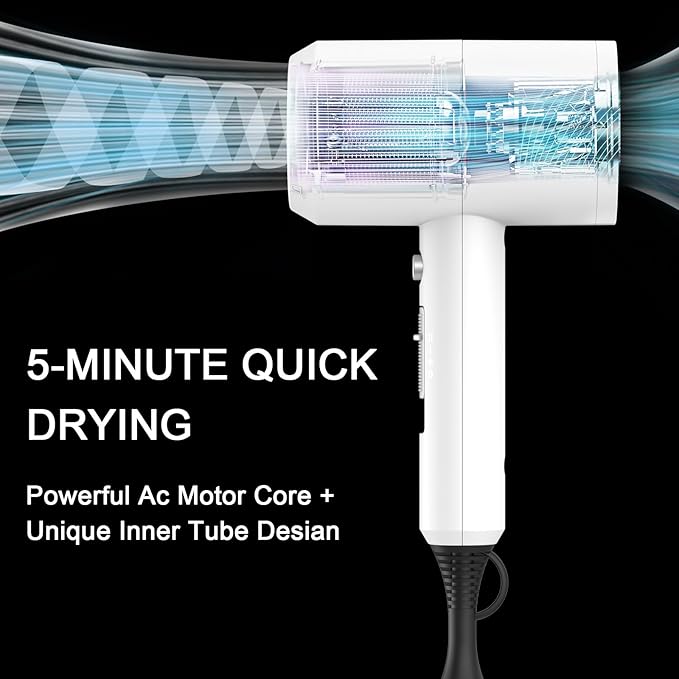 slopehill Professional Ionic Hair Dryer, Powerful 1800W Fast Drying Low Noise Blow Dryer with 2 Concentrator Nozzle 1 Diffuser Attachments for Home Salon Travel (White)