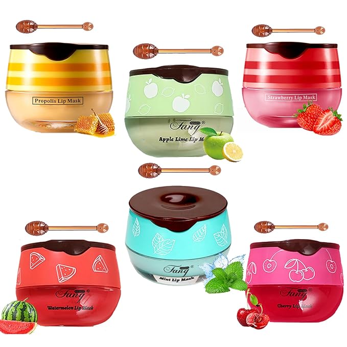 6 PCS Bee Lip Balm Honey Pot,Lip Mask Propolis Moisturizing,Prevention Dry Cracked Lip Scrubs Exfoliator Lip Wrinkle Skin Care Products (Honey & Strawberry & Coconut & Mint & Watermelon & Apple Lime)