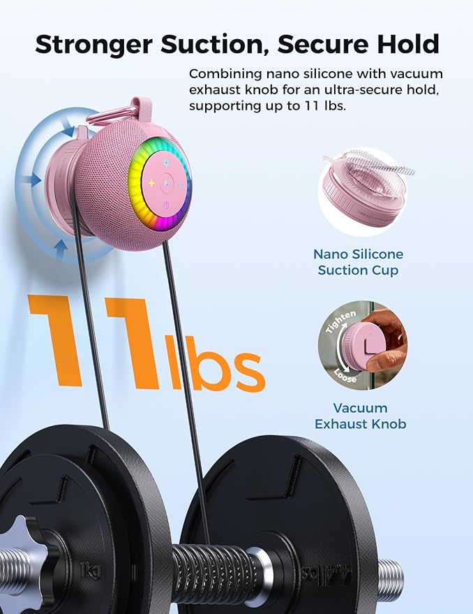 Shower Speaker Bluetooth Waterproof Portable: Birthday Christmas White Elephant Gifts Stocking Stuffers for Adults Teens, IPX7 Loud Sound with Suction Cup Removable, Cool Gadgets with Light-Pink