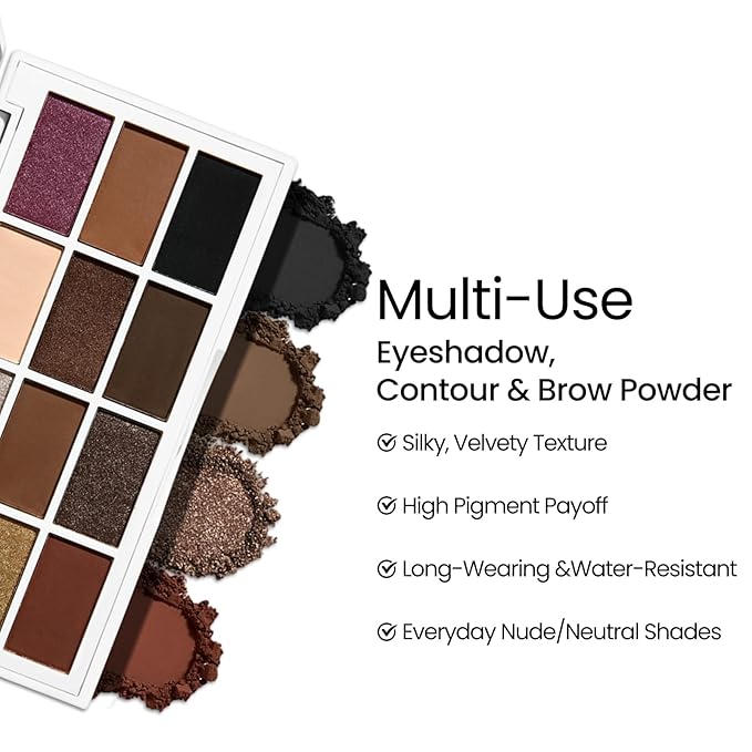 Erinde Brown Black Eyeshadow Palette, 12 Colors Matte Shimmer Beige Champagne Plum Purple Bronzer Brown Black Eye Shadow Palette, Highly Pigmented Long Lasting Waterproof Eyeshadow Pallete, 02